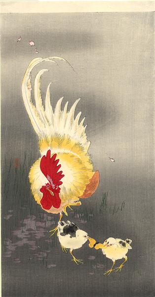Rooster and chicks - Ohara Koson
