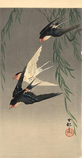 Swallows in Flight - 小原古邨