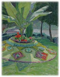 Landscape with palm tree and blooming flowerbed - Oleksandr Bogomazov