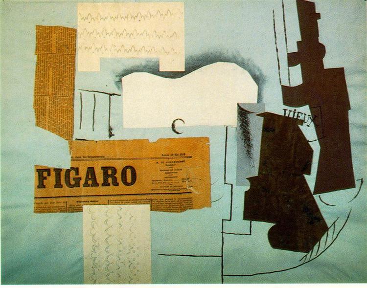 Bottle of Vieux Marc, Glass, Guitar and Newspaper, 1913 - Pablo Picasso