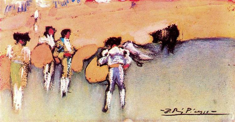 Bullfighters and bull waiting for the next move, 1900 - Pablo Picasso