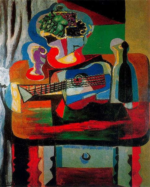 Guitar, bottle, fruit dish and glass on the table, 1919 - Пабло Пикассо