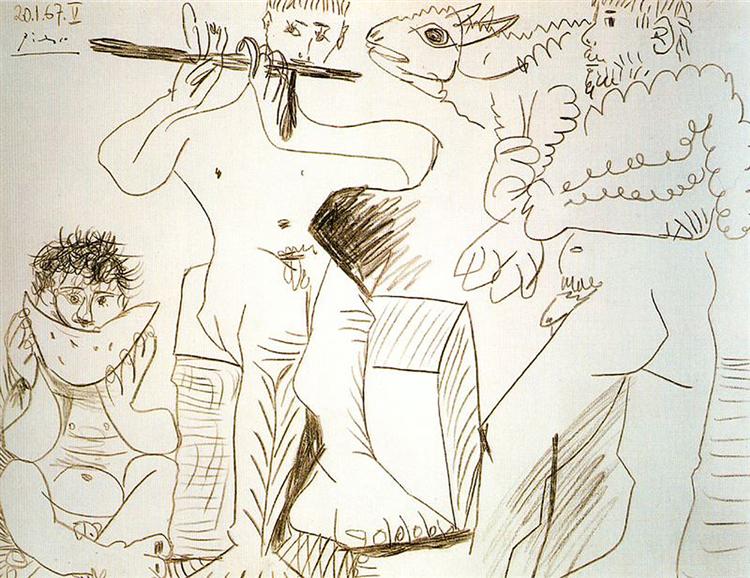 Man with lamb, man eating watermelon and flutist, 1967 - 畢卡索