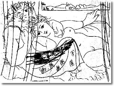Minotaur and woman behind a curtain, 1933 - 畢卡索