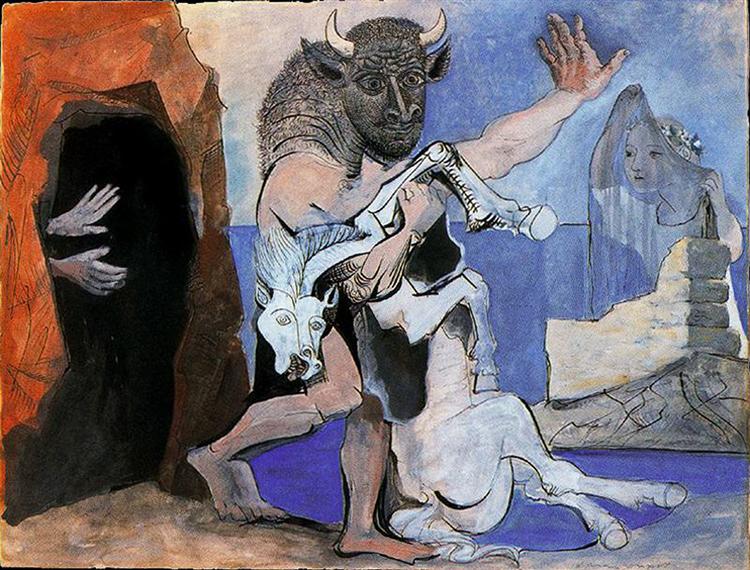 Minotaur with dead horse in front of a cave facing a girl in veil, 1936 -  Pablo Picasso - WikiArt.org