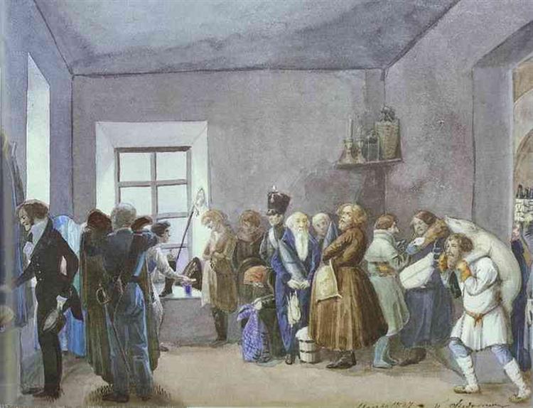 Police Commissary's Reception Room the Night Before a Holiday, 1837 - Pavel Fedotov