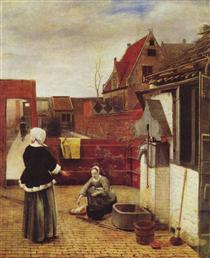 A Woman and a Maid in a Courtyard - Пітер де Хох