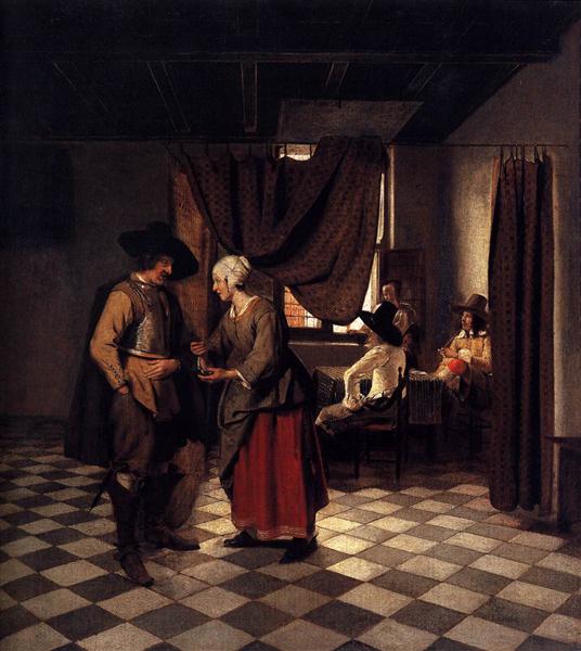 Soldat payer une hôtesse dans une auberge, 1658 - Pieter de Hooch