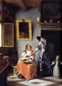 Woman hands over money to her servant - Питер де Хох