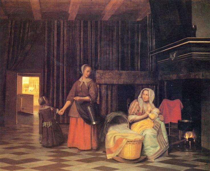 Woman with infant, serving maid with child, c.1663 - Питер де Хох