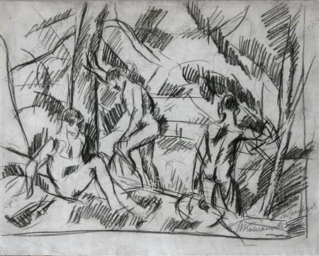 Abramtsevo. The boys at the river. Drawing for the painting 'Boys Bathing'., 1920 - Петро Кончаловський