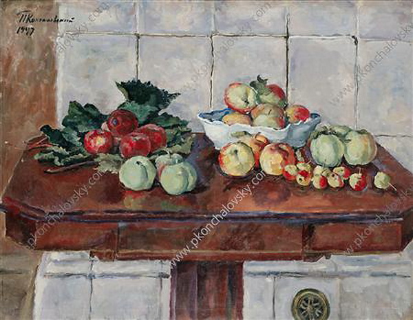 Натюрморт. Яблоки на столе у печки., 1947 - Пётр Кончаловский