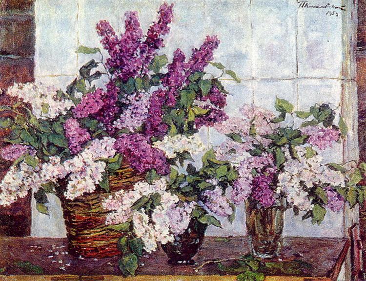 Still Life. Lilac, crystal vase and a basket., 1954 - Pyotr Konchalovsky