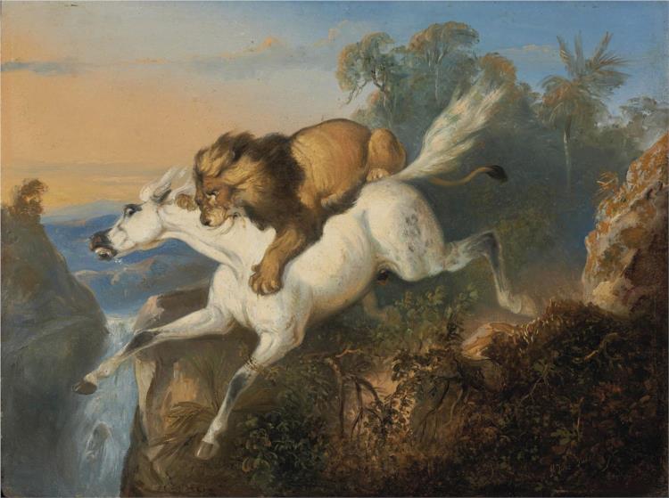 Lion attacking a horse, 1840 - Раден Салех