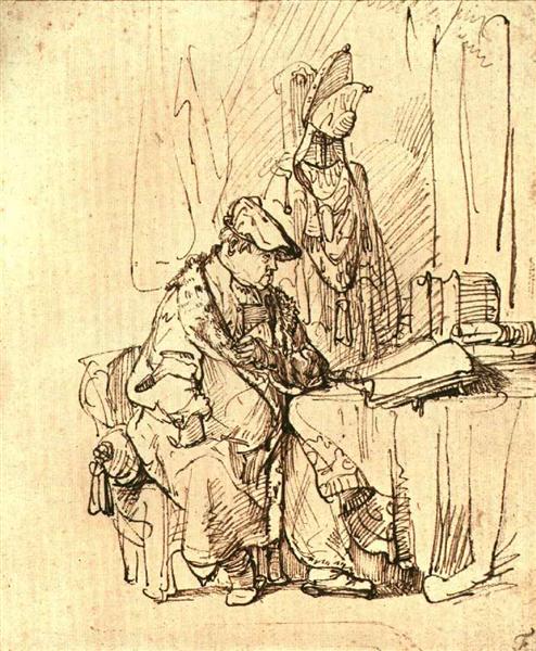 A Man Seated at a Table Covered with Books, 1636 - 林布蘭