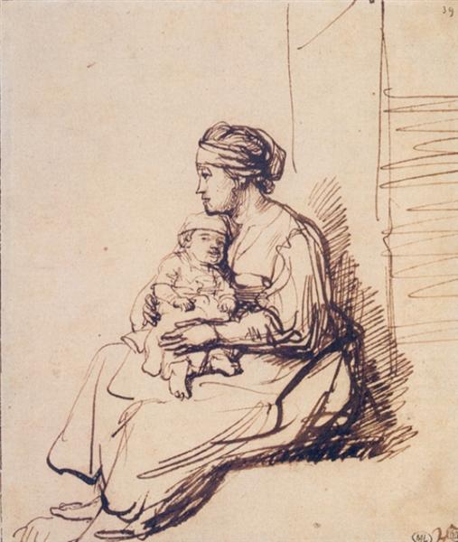 Жінка з малям на колінах - Рембрандт