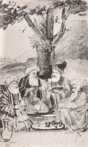 Four Orientals seated under a tree. Ink on paper, c.1656 - c.1661 - Rembrandt van Rijn