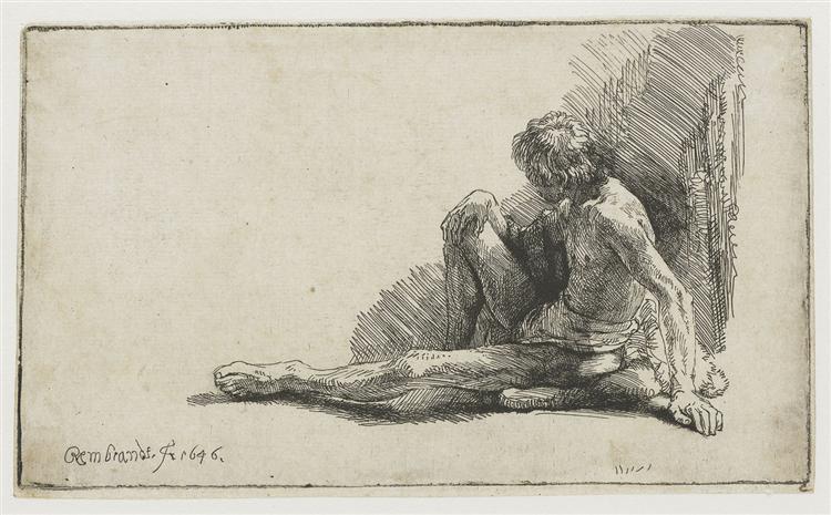 Nude man seated on the ground with one leg extended, 1646 - Рембрандт