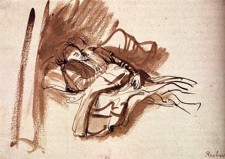 Saskia Asleep In Bed, 1638 - Рембрандт