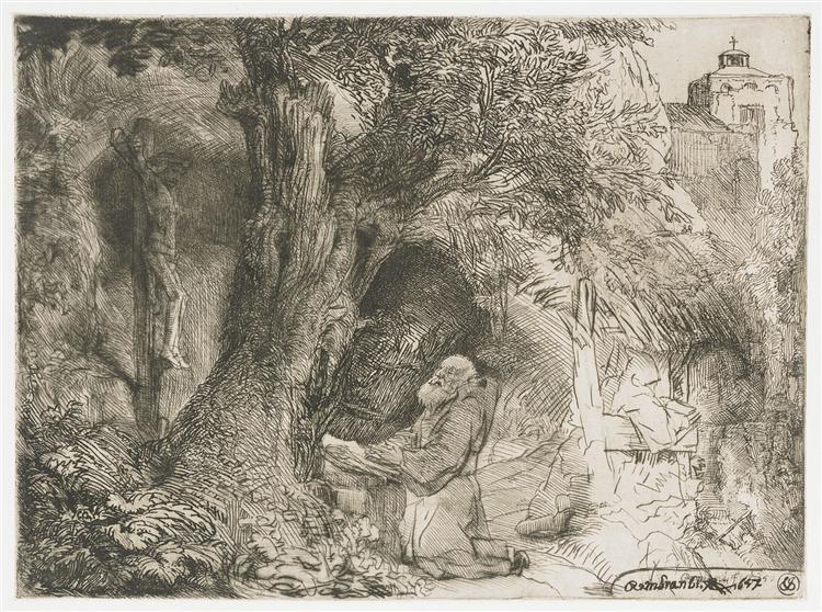 St. Francis beneath a tree praying, 1657 - Rembrandt van Rijn
