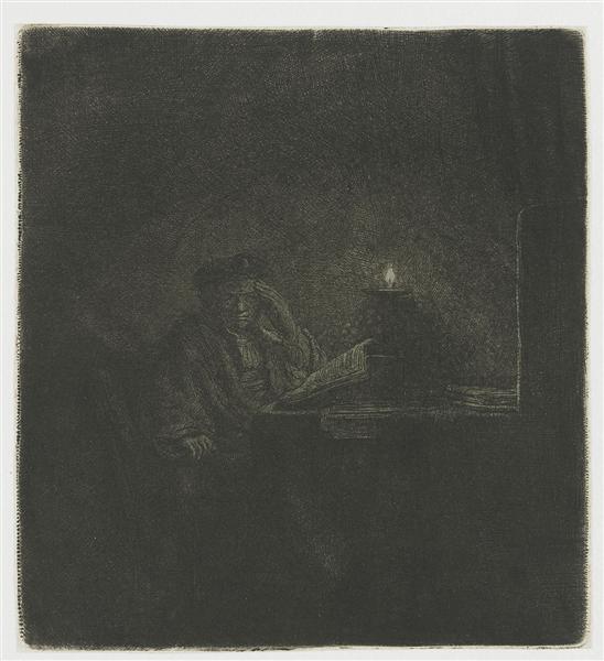 Student at a table by candlelight, 1642 - 林布蘭
