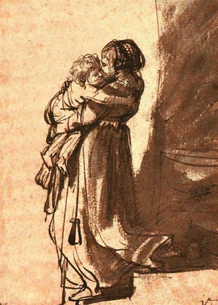 Woman Carrying a Child Downstairs, 1636 - 林布蘭