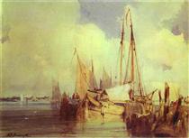 French River Scene with Fishing Boats - Ричард Паркс Бонингтон