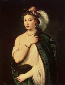 Portrait of a young woman with feather hat - Titian