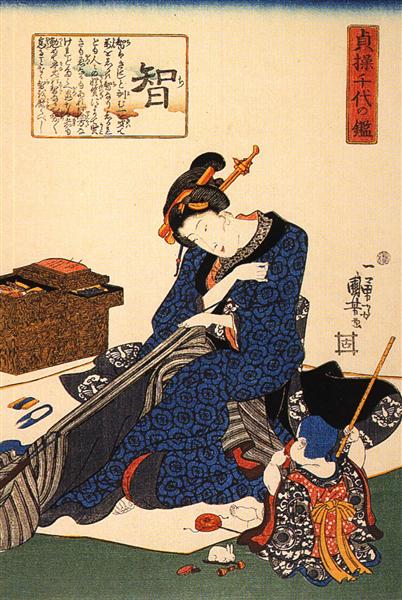 A seated woman sewing a kimono - Утагава Куниёси
