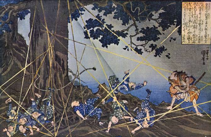 Lightning emanation From the great tree that Kawabe no Omi is about to fell for Prince Shôtoku - Utagawa Kuniyoshi