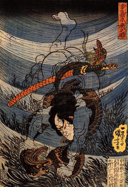 Takagi Toranosuke capturing a kappa underwater in the Tamura river - Утаґава Кунійосі