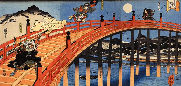 The moonlight fight between Yoshitsune and Benkei on the Gojobashi - Utagawa Kuniyoshi