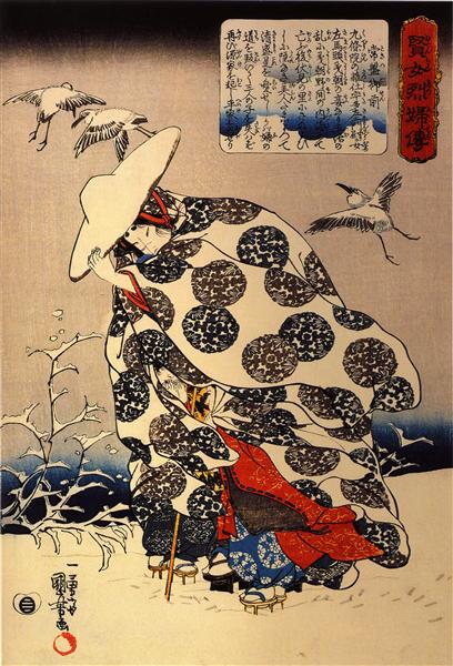 Tokiwa-Gozen with her three children in the snow, c.1840 - Утагава Куниёси