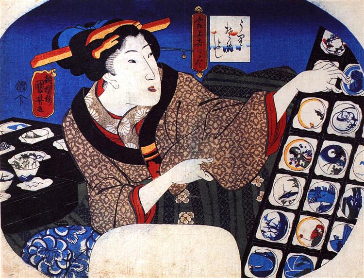 Woman selling decorative bowls - Утагава Куниёси