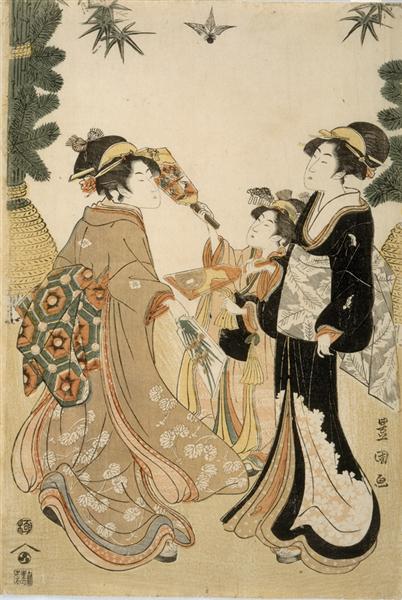 Three Beauties Playing Battledore and Shuttlecock, c.1800 - 歌川豐國