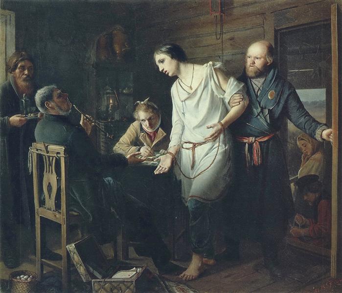 Arriving at an the inquiry, 1857 - Vassili Perov