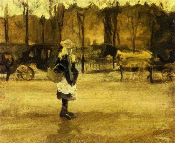 Дівчина на вулиці, два екіпажі на задньому плані, 1882 - Вінсент Ван Гог