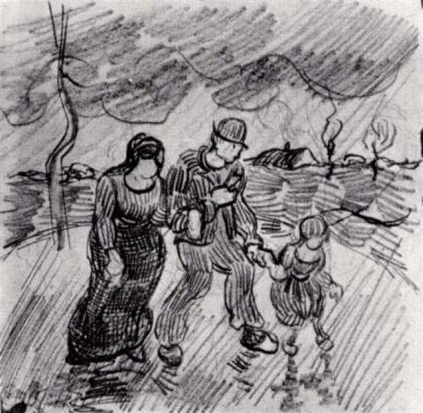 Couple Walking Arm in Arm with a Child in the Rain, 1890 - 梵谷