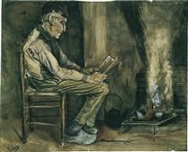 Farmer sitting at the fireside and reading - 梵谷
