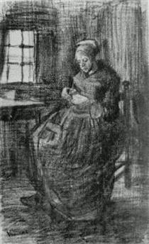 Interior with Peasant Woman Sewing - Vincent van Gogh