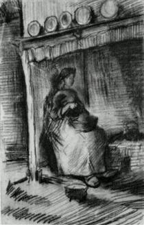 Interior with Peasant Woman Sitting near the Fireplace - 梵谷