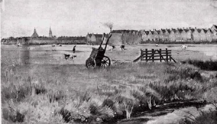 Meadow, In the Background New Church, 1882 - 梵谷