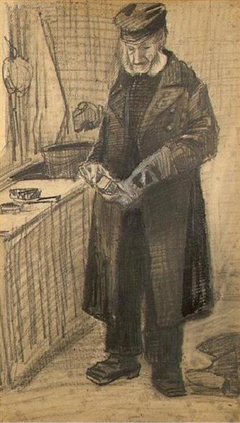 Orphan Man with Long Overcoat Cleaning Boots, 1882 - Vincent van Gogh