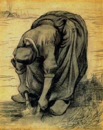 Peasant Woman, Stooping with a Spade, Digging Up Carrots - Vincent van Gogh