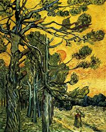 Pine Trees against a Red Sky with Setting Sun - Vincent van Gogh