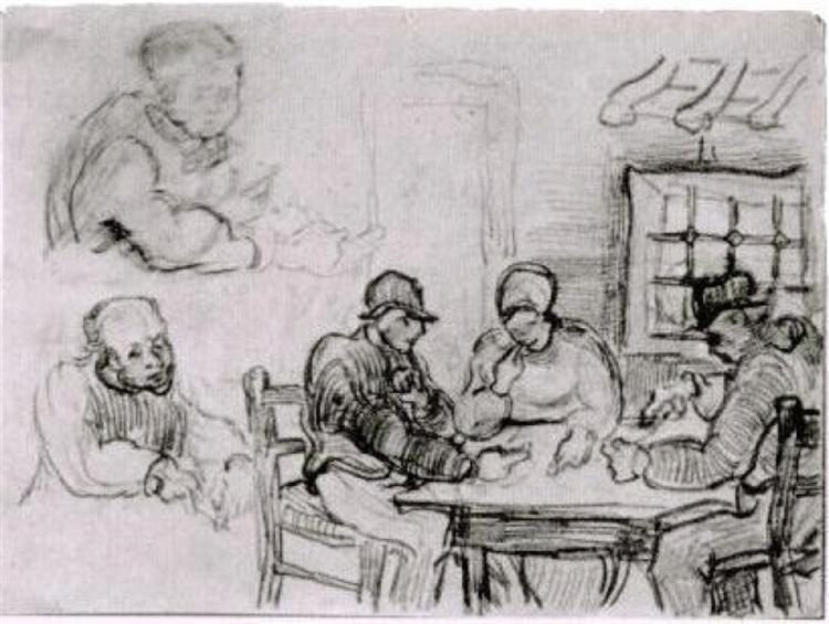Sheet with Peasants Eating and Other Figures, 1890 - Vincent van Gogh
