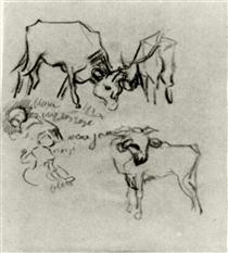 Sketch of Cows and Children - 梵谷