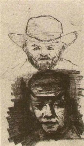 Two Heads Man with Beard and Hat Peasant with Cap, 1885 - 梵谷
