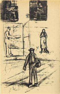 Woman near a Window twice, Man with Winnow, Sower, and Woman with Broom - Vincent van Gogh