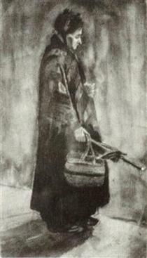 Woman with Shawl, Umbrella and Basket - Винсент Ван Гог
